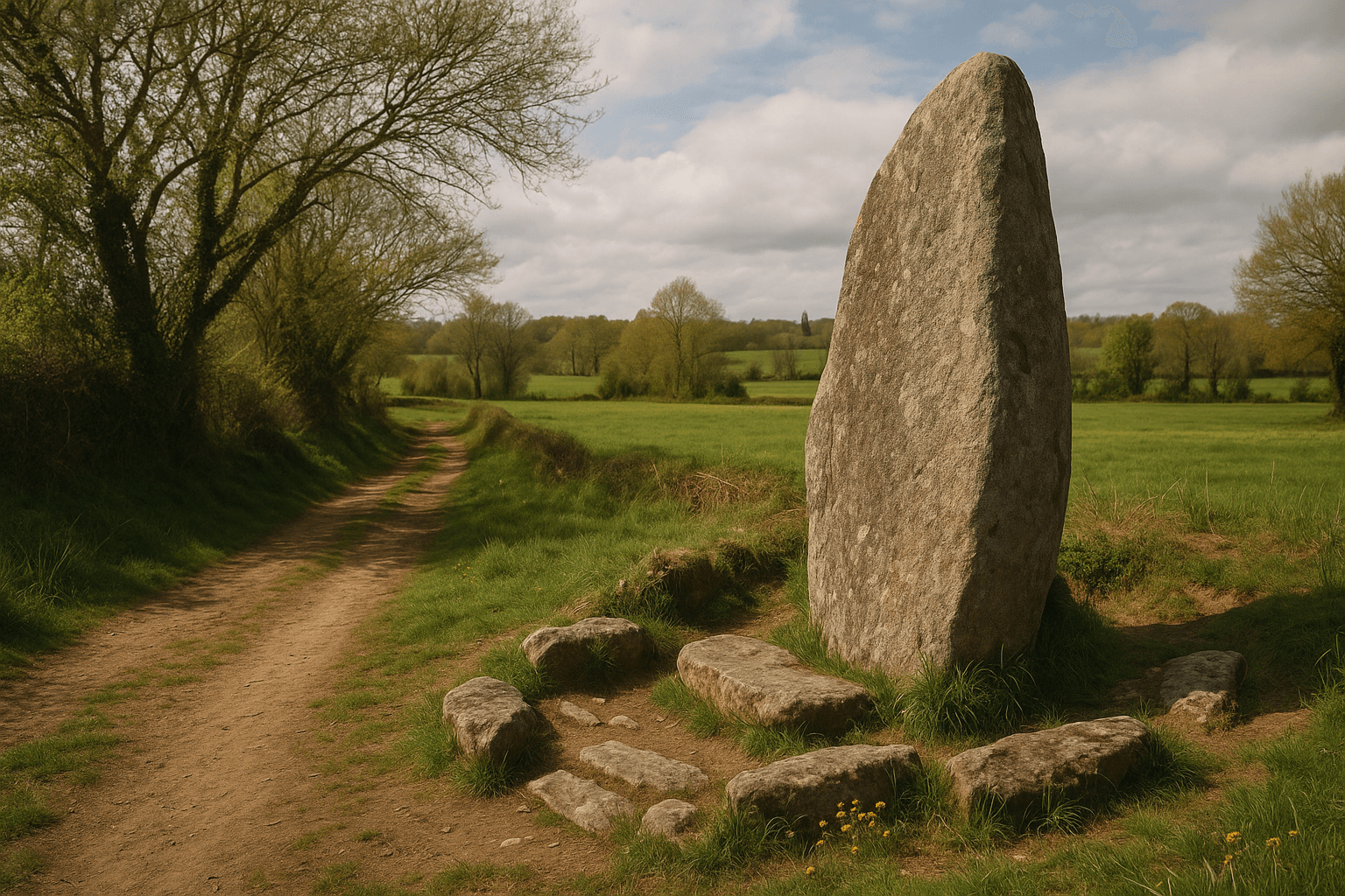 Menhir de la Ville Guichais dressé dans la campagne de Saint-Malon-sur-Mel
