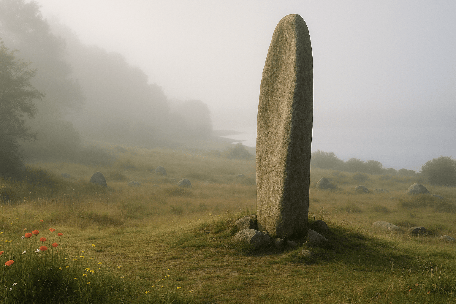 Le menhir dit Men-Milène-de-Pourhos à Saint-Philibert, pierre levée isolée dans le paysage