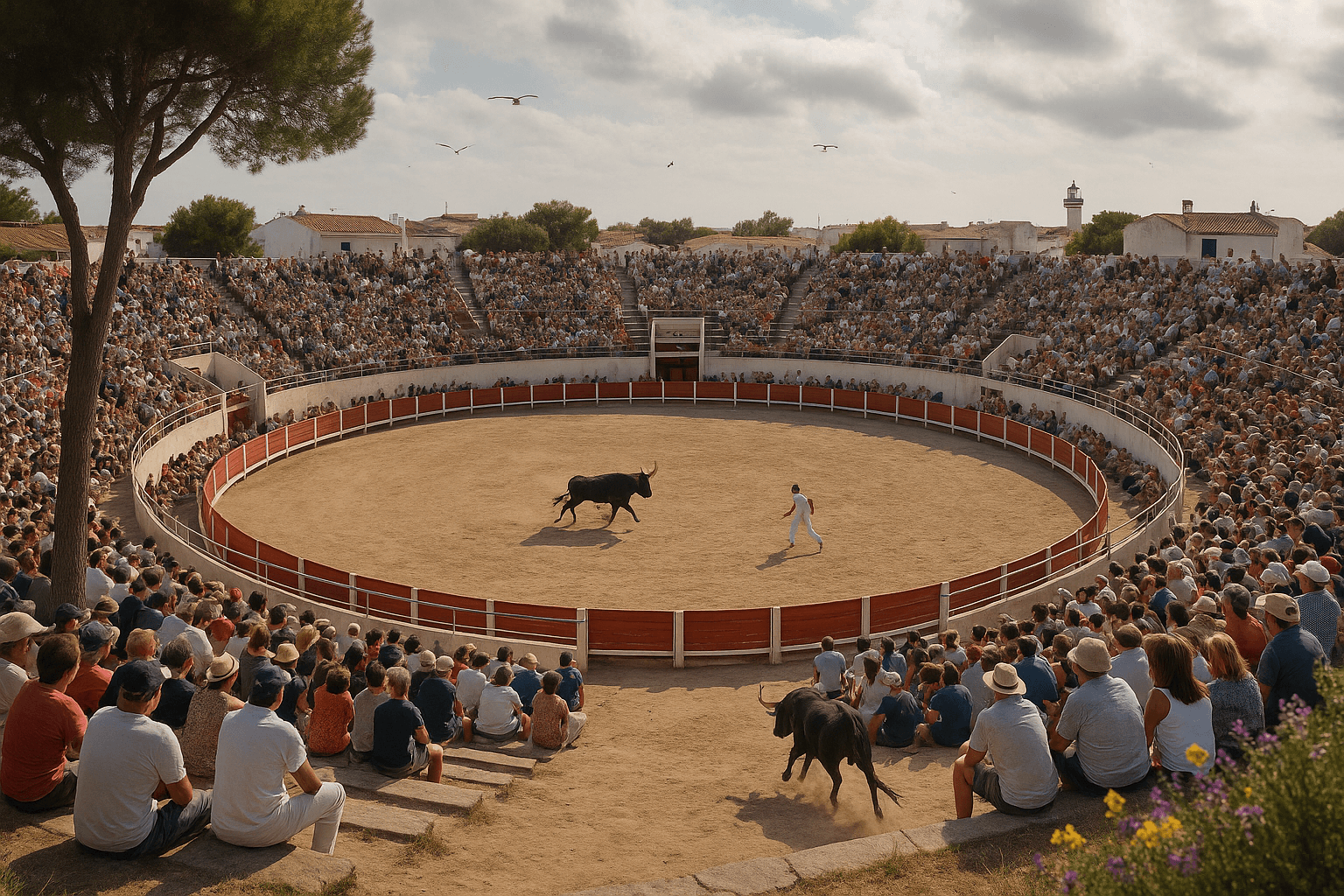 Les Arènes des Saintes-Maries-de-la-Mer, bâtiment circulaire dédié aux courses taurines