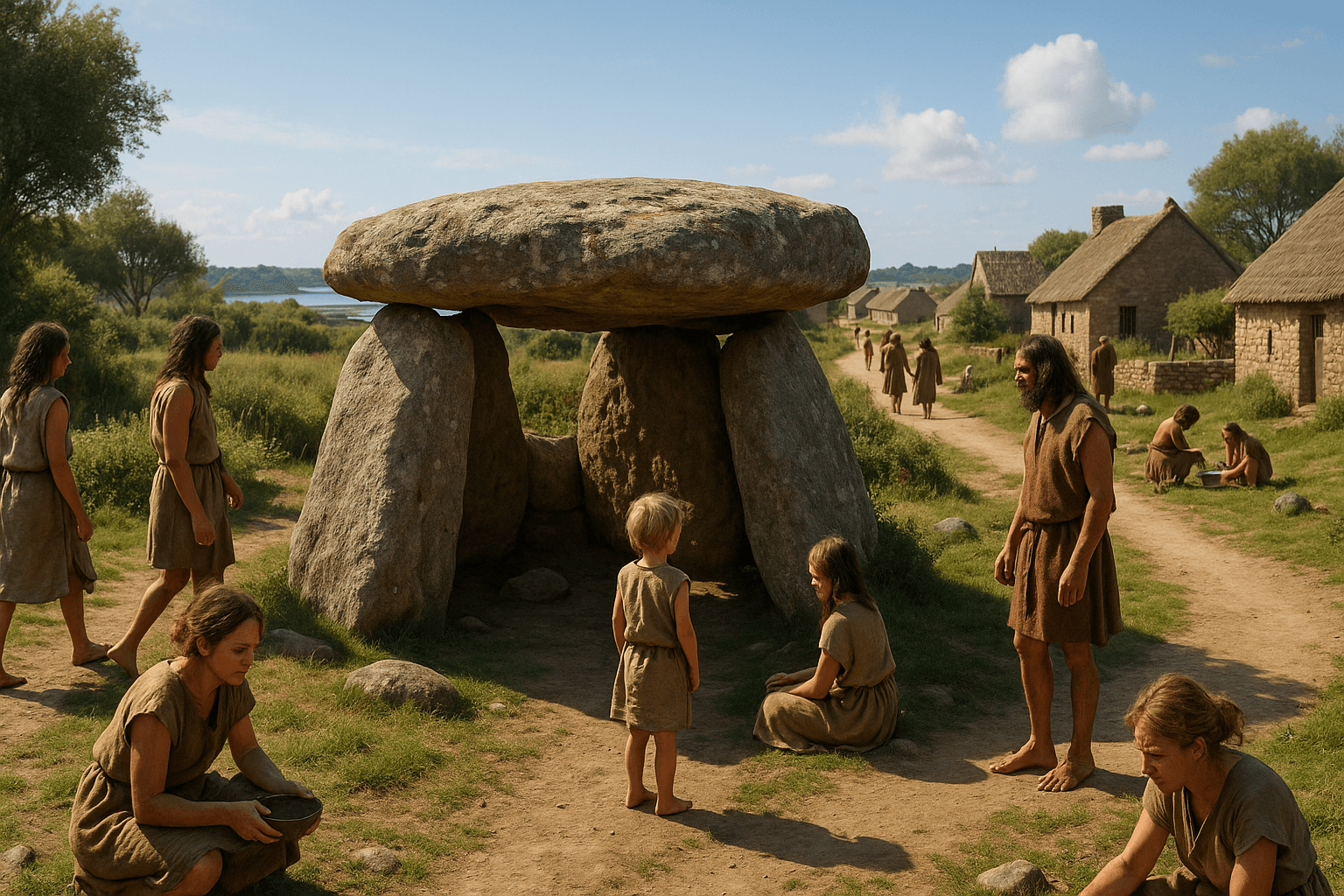 Dolmen d'Er Lé avec dalles mégalithiques au milieu de la végétation de la presqu'île de Rhuys