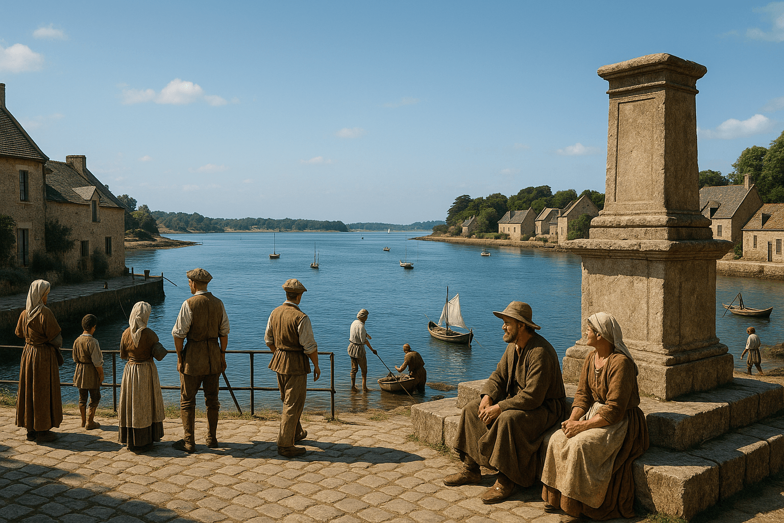 Vue sur le goulet de Conleau depuis Séné avec les eaux calmes du golfe du Morbihan et les rives en face
