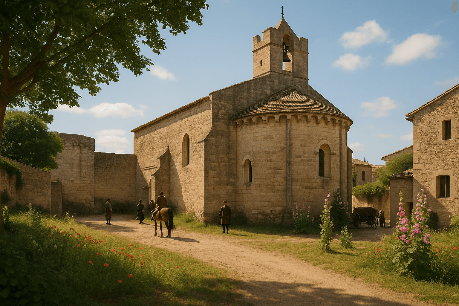 Vue extérieure de l’église Saint‑Sauveur de Sernhac, bâtiment en pierre au cœur du village