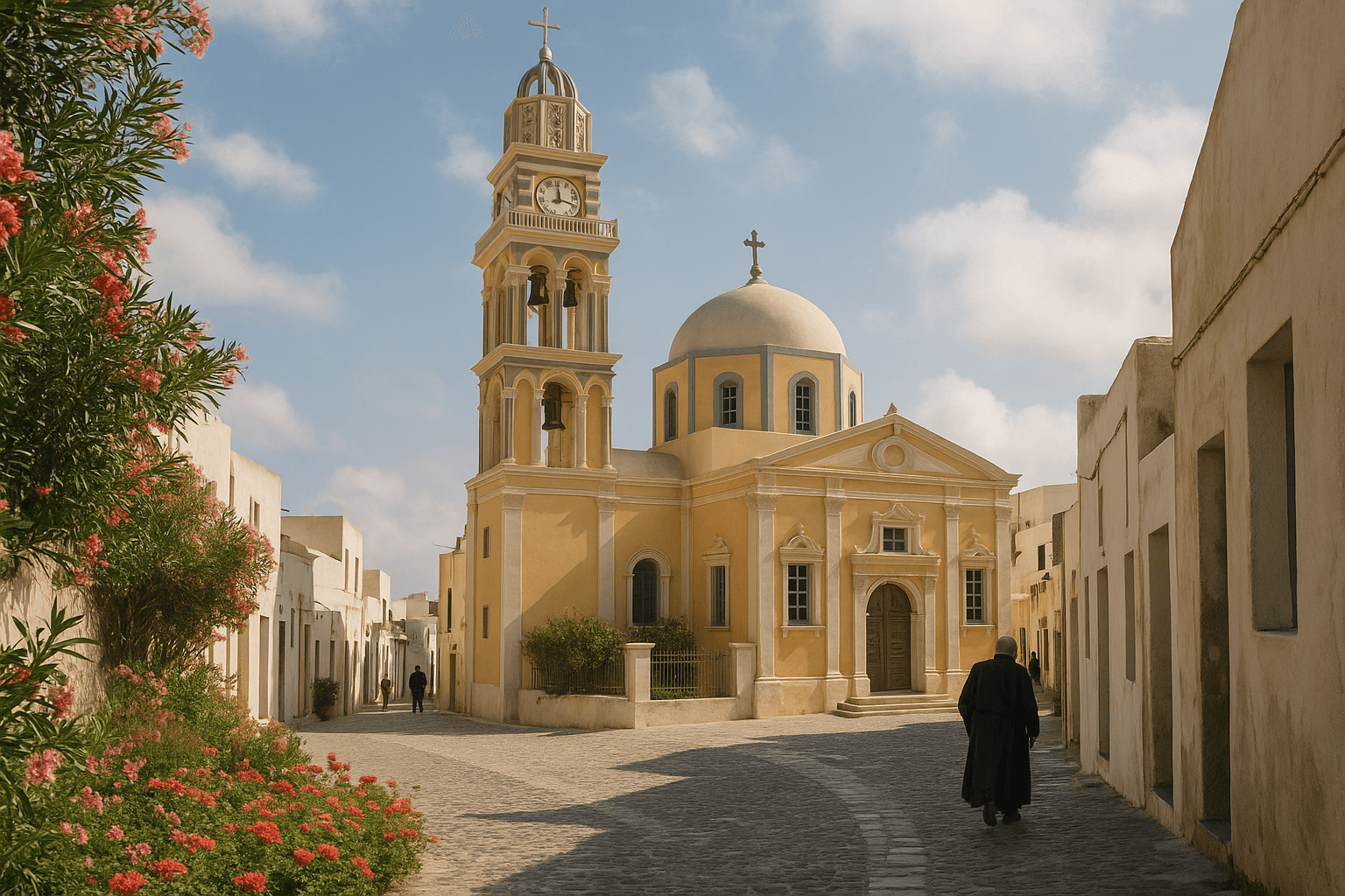 Cathédrale catholique Saint‑Jean‑Baptiste (Καθεδρικός ναός του Αγίου Ιωάννη του Βαπτιστή) à Fira, avec son clocher et sa façade claire