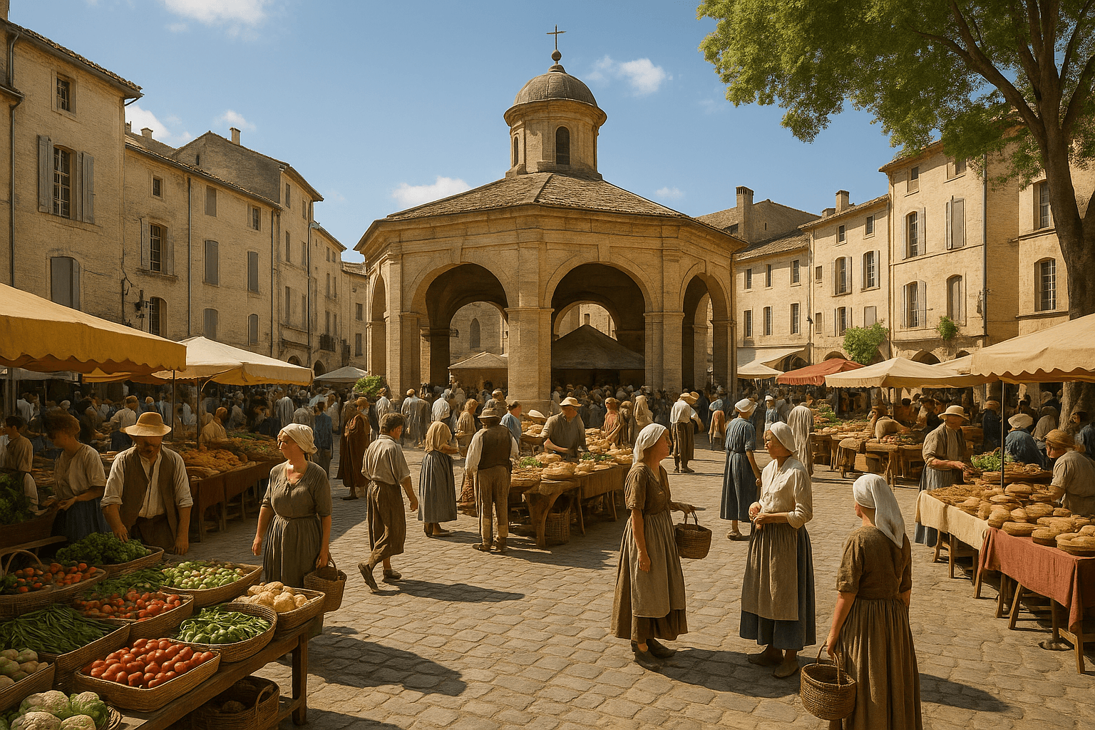 Étals du marché d’Uzès sur la place aux Herbes, sous les platanes