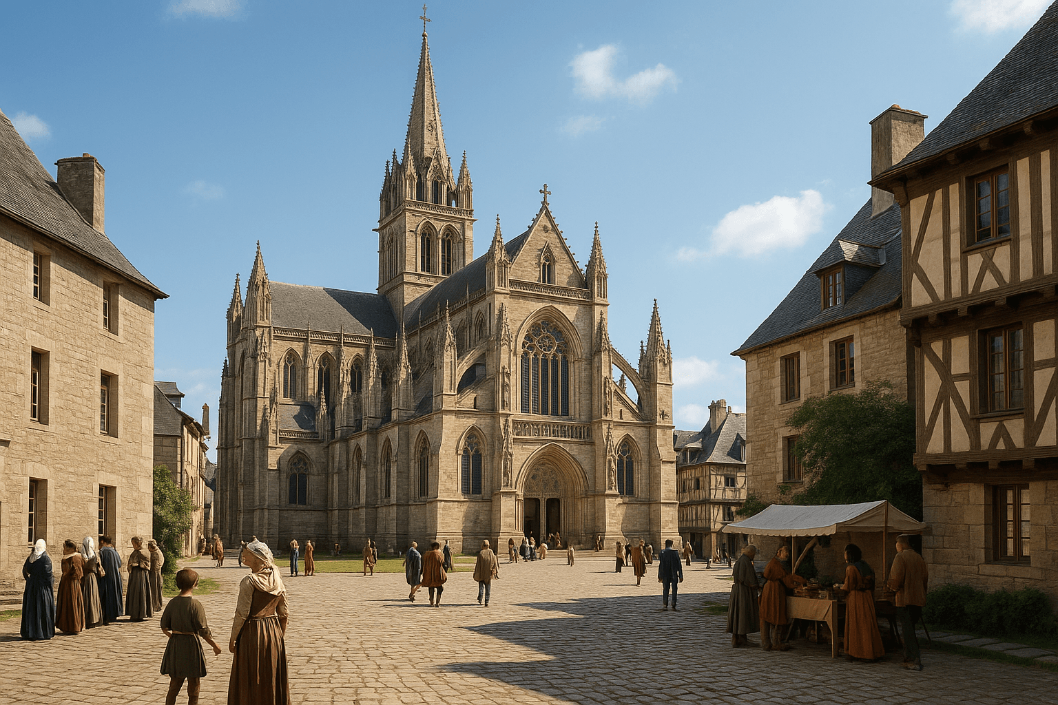 Façade et clocher de la cathédrale Saint-Pierre de Vannes, architecture gothique vue depuis la place