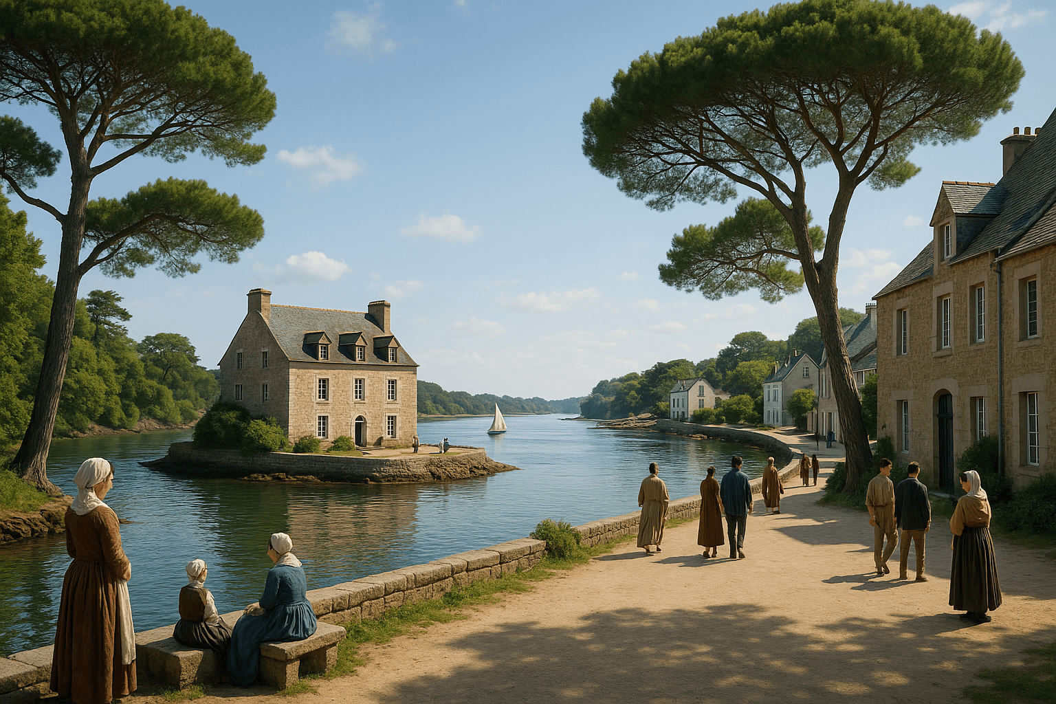 Vue sur le goulet de Conleau, eaux resserrées du golfe du Morbihan bordées de pins et horizon marin dégagé