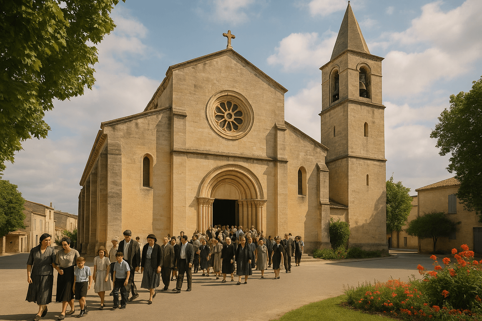 Façade en pierre de l’église Notre-Dame-de-l’Assomption à Vauvert, avec son portail