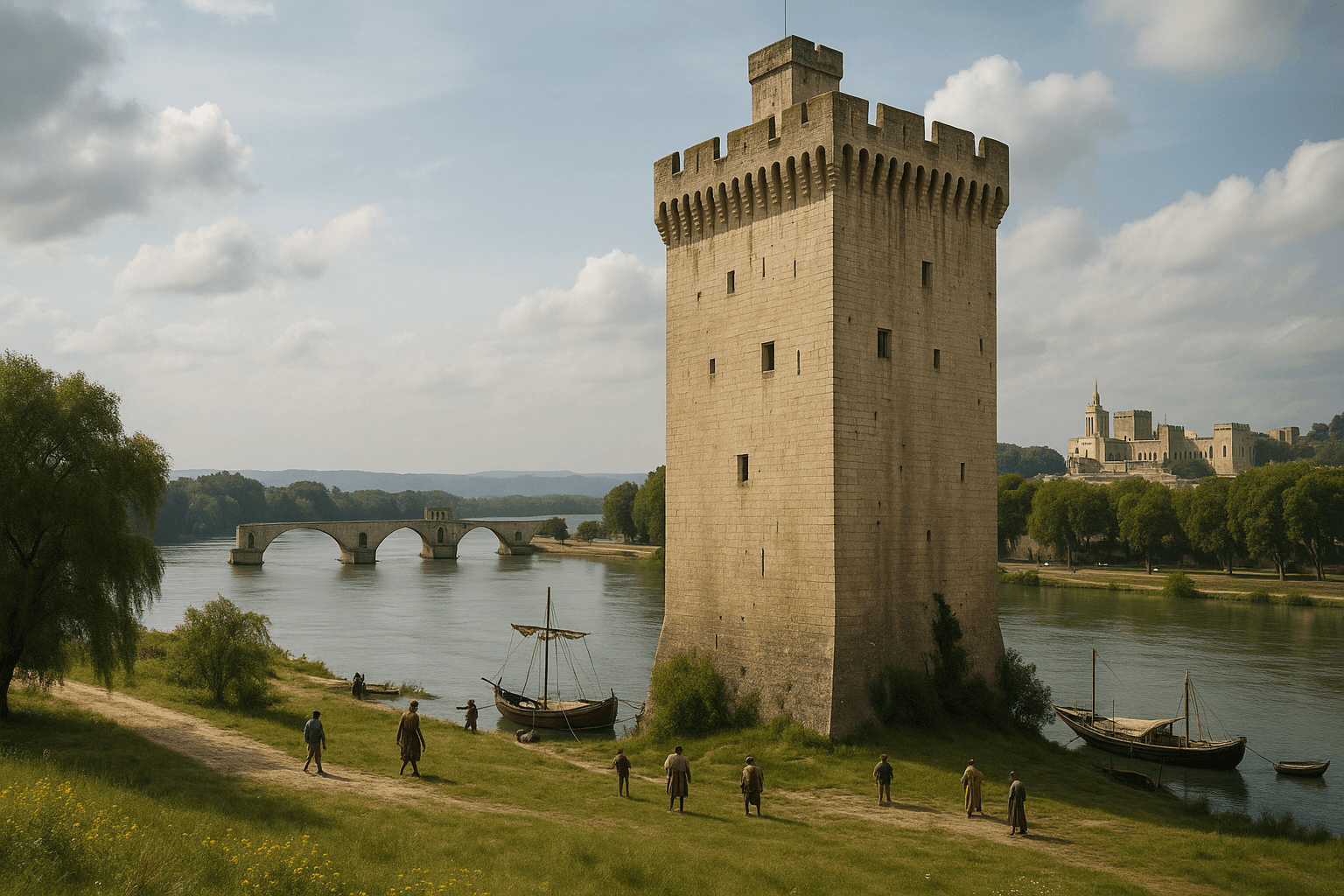 La Tour Philippe le Bel surplombant le Rhône, avec Avignon au loin